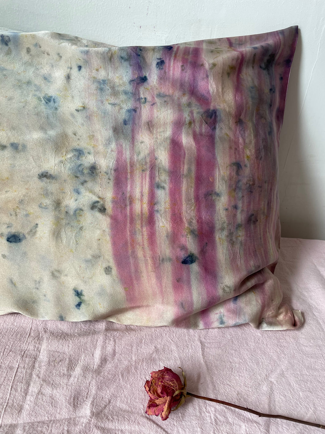 naturally dyed silk pillowcase - hibiscus stripe